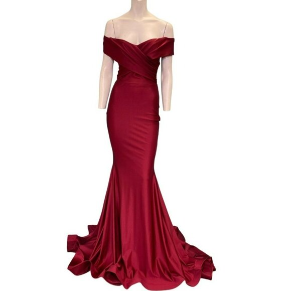 Jessica Angel 723 Off Shoulder Crossover Bodice Gown Cardinal Red Size Small NWT - Picture 1 of 3